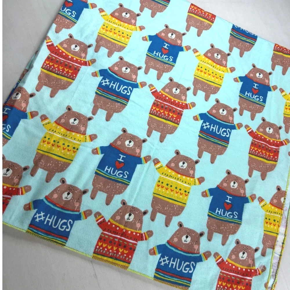 Blue Bear Print Flannel Baby Receiving Blanket I Heart Hugs 34x33 Aqua Nursery